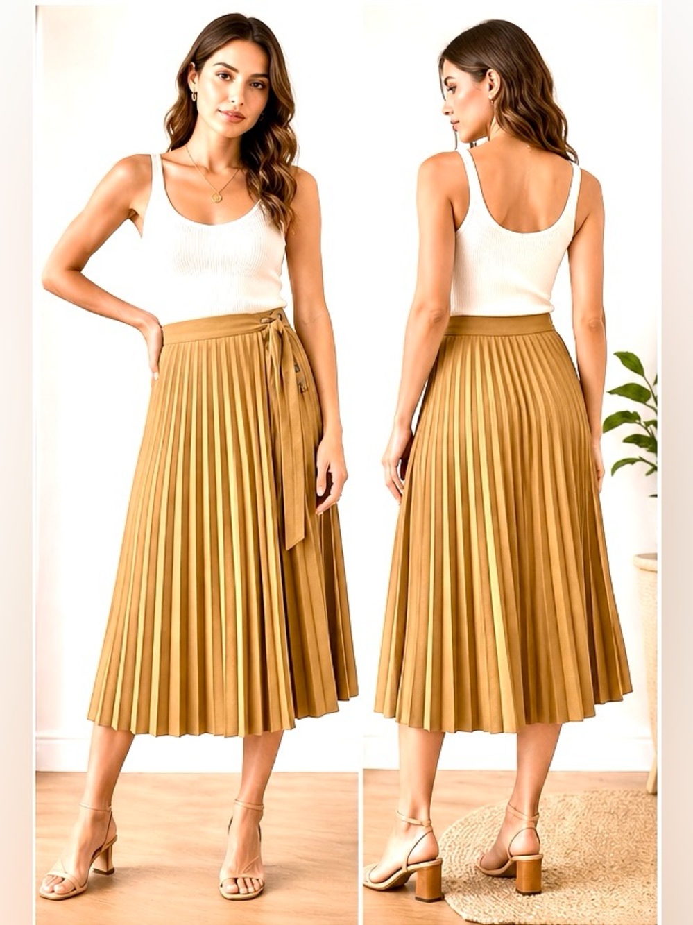 Zara Pleated Midi Skirt in Mustard Brown